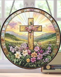 Christian Cross Wildflowers Stained Glass Suncatcher, Christian Faith Home Decor, Christian Glass Windows Hanging, Cross Gift For Religious