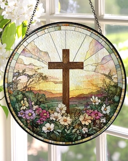 Stained Glass Cross And Wildflowers Suncatcher Christian Glass Window Hanging Flower Cross Religious Faith Gift Cross Christmas Home Decor