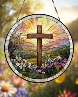 Cross And Wildflowers Suncatcher, Christian Strained Glass, Cross And Wildflowers Windows Hanging, Flower Cross Gift For Religious