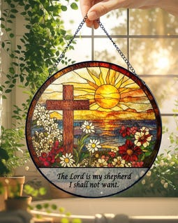 Custom Christian Cross Suncatcher, Religious Window Hanging with Flowers and Sunrise, Memorial Faith Gift for Believers
