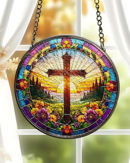 Christian Cross Stained Glass Suncatcher, Religious Home Decor, Christian Window Hanging with Floral Design, Memorial Cross Suncatcher