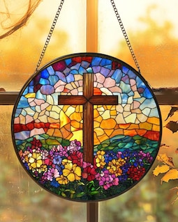 Personalized Stained Glass Cross Wildflowers Suncatcher, Christmas Trees Stained Glass, Christian Glass Window Hanging, Religious Faith Gift