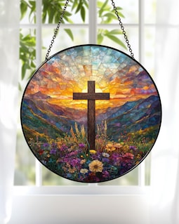 Stained Glass Cross And Wildflowers Suncatcher, Christian Glass Window Hanging, Flower Cross Religious Faith Gift Cross Christmas Home Decor