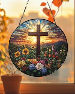 Cross and Wild Flower Glass Suncatcher, Cross Sunset Glass Suncatcher, Christian Cross Windows Hanging, Flower Cross Gift For Religious