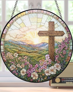 Christian Cross Wildflowers Stained Glass Suncatcher, Christian Faith Window Hanging, Christian Faith Home Decor, Cross Gift For Religious