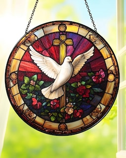 Holy Spirit Dove Stained Glass Suncatcher, Christian Cross Window Hanging Ornament, Faith Sun Catcher Religious Home Decor