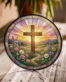 Stained Glass Cross And Wildflowers Suncatcher, Christian Glass Window Hanging, Flower Cross Religious Faith Gift Cross Christmas Home Decor
