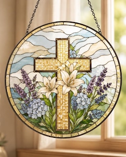 Christian Cross Wildflower Stained Glass Suncatcher, Floral Easter Window Hanging