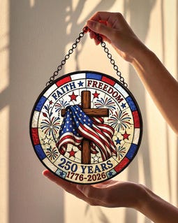 Faith Freedom Stained Glass Suncatcher, American Flag Cross Window Hanging, USA 250 Years Patriotic Christian Decor Gift,4th of July Gift