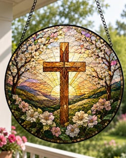 Christian Cross Stained Glass Suncatcher, Mountain Sunrise Floral Window Hanging, Faith Home Decor