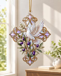 Dove Olive Branch Stained Glass Style Ornament – Acrylic Christian Suncatcher, Peace and Faith Window Hanging Decor, Spiritual Gift