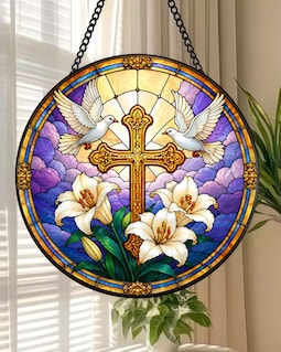 Cross and Dove Stained Glass Suncatcher, Christian Window Hanging, White Lily Faith Decor, Religious Gift